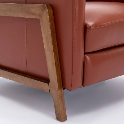 Modern Caramel Leather and Wood Push Back Recliner