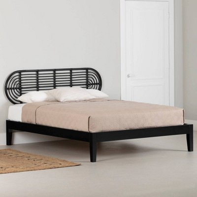 Black Queen Bed with Rattan Headboard and Wood Frame