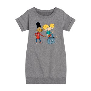 Girls' - Hey Arnold! - Ha Air Guitar Graphic Short Sleeve Fleece Dress - 1 of 4