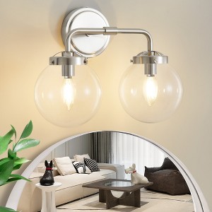 POWLIG 14.17-in 2-Light Nickel Bathroom Light Fixtures Over Mirror Vanity Lighting with Clear Glass Globe Shades - 1 of 4