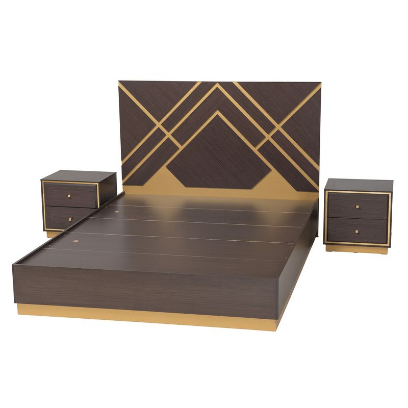 Baxton Studio Arcelia Contemporary Glam and Luxe Two-Tone Dark Brown and Gold Finished Wood Queen Size 3-Piece Bedroom Set, 3 of 11