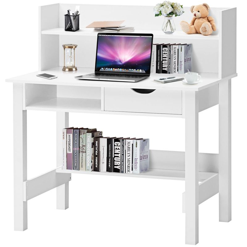 Tangkula Computer Desk Space-Saving Laptop Writing Table w/Shelf & Drawer for Home Office White, 4 of 7