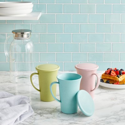 Pastel Pink, Green, and Blue Wheat Straw Mugs with Lids, Set of 6