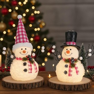 2 Pack 14" Lighted Snowman Tree Buffalo Check Plaid Farmhouse Decorations - 1 of 4