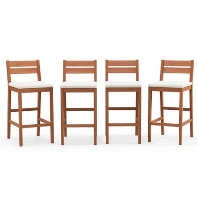 Tangkula Patio Eucalyptus Wood Bar Stools Set of 4 Outdoor Bar Height Patio Chairs w/ Cushions