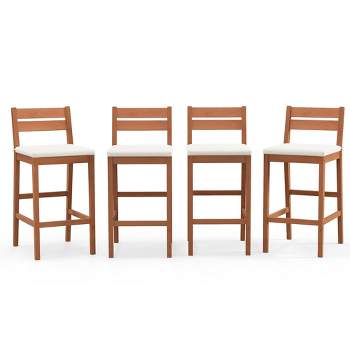 Tangkula Patio Eucalyptus Wood Bar Stools Set of 4 Outdoor Bar Height Patio Chairs w/ Cushions