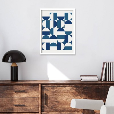 Blue and White Geometric Abstract Print in Maple Frame