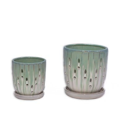 VisioGear 2PCS Ceramic Flowerpot with Drainage Hole, 8" Modern Planter for Patio, Garden, Windowsill, White&Green, 7.49"*7.49"*8.08"