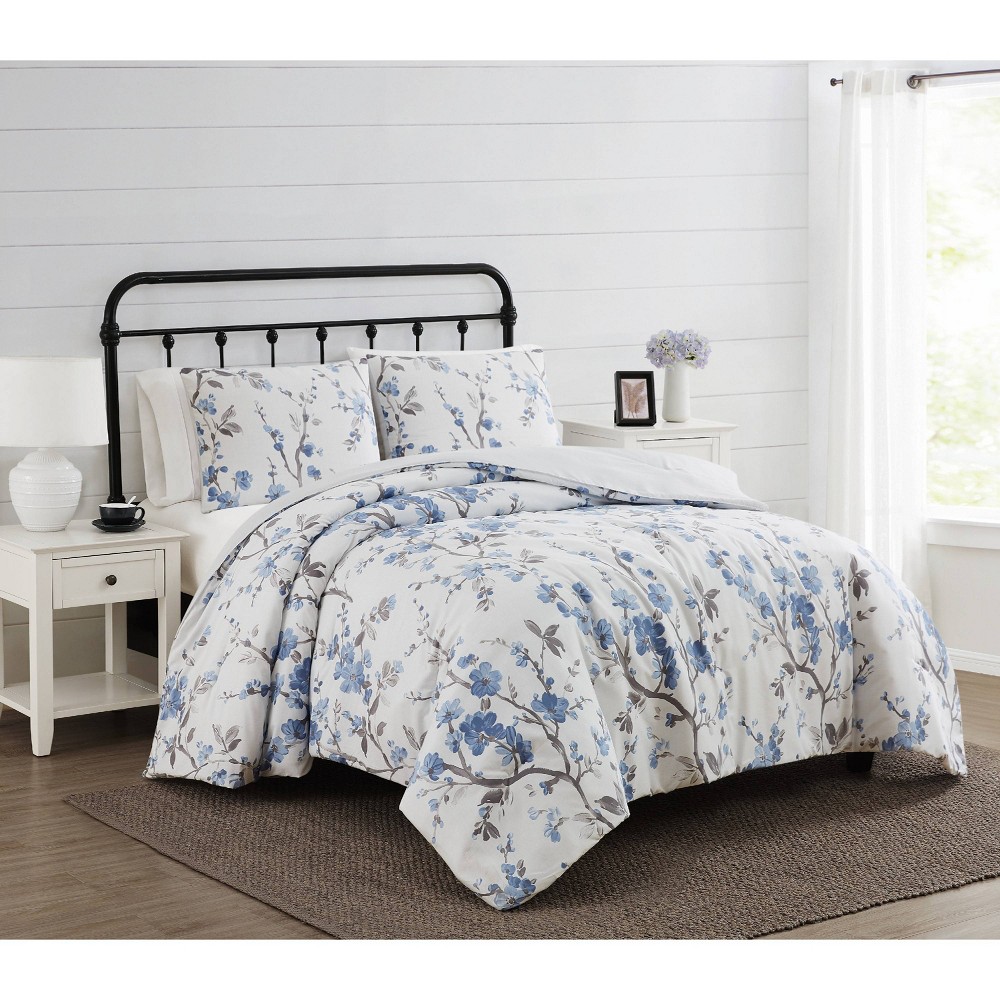 Photos - Bed Linen 3pc King Kasumi Floral Comforter Set Blue/White - Cannon: Woven Polyester, 180 Thread Count, Year Round Use