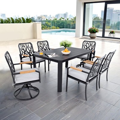 Chic Crate-7-Piece Aluminum Patio Dining Set - Modern 4 Chairs & 2 Branch-Like Swivel Rockers with Sunbrella Fabric & Umbrella Hole (Bourbon Brown)