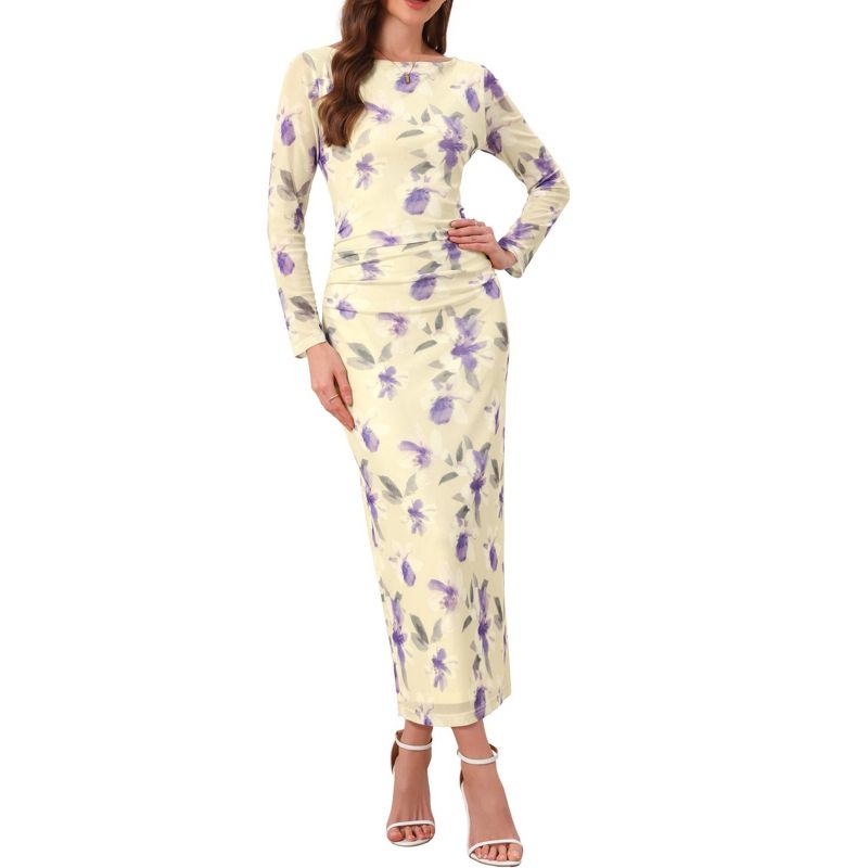 INSPIRE CHIC Women's Boat Neck Long Sleeves Bodycon Cocktail Maxi Mesh Ruched Dress Small Beige