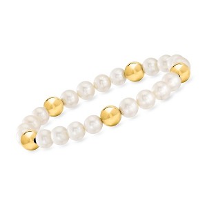 Ross-Simons 7-7.5mm Cultured Pearl and 8mm 14kt Yellow Gold Bead Stretch Bracelet - 1 of 3
