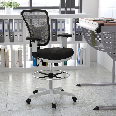ErgoFlex Black Mesh Drafting Chair with Adjustable Arms and White Frame