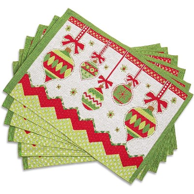 Green Table Placemats Set of 6 Dining Table Mat with Christmas Ornaments for Kitchen Party Decor (17.5 x 13 in)