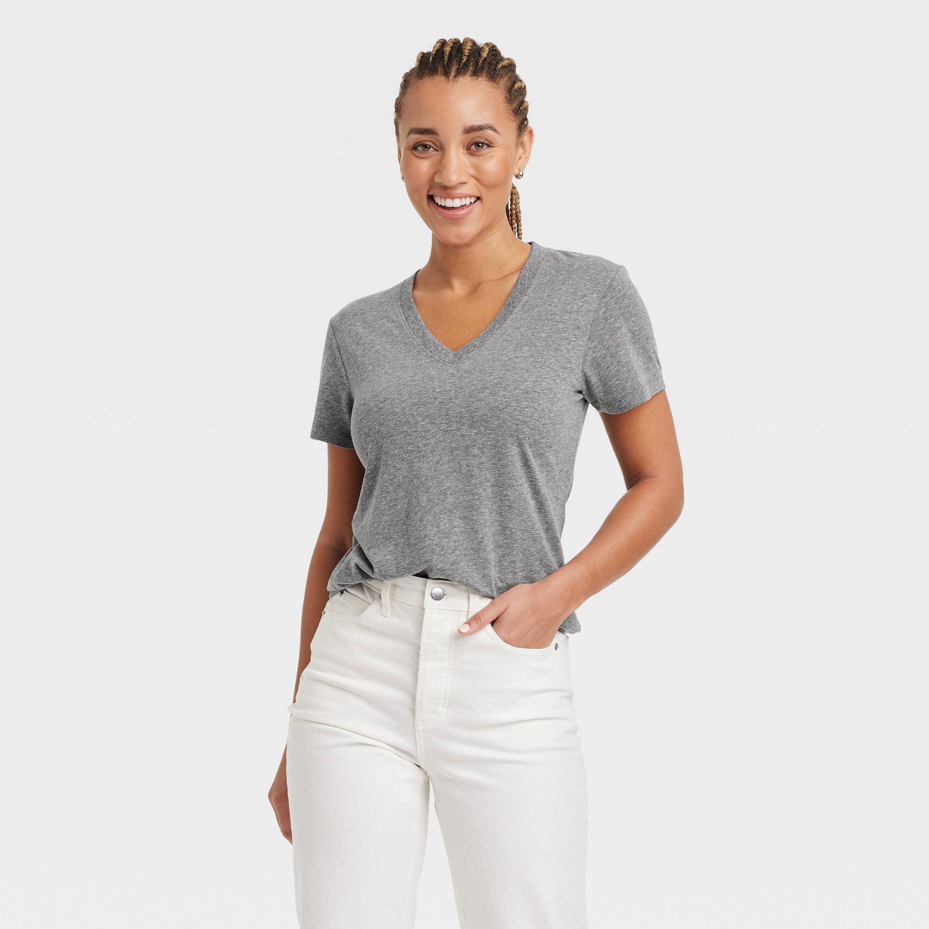Women's Short Sleeve V-Neck T-Shirt - Universal Thread™ Heather Gray S: Relaxed Fit, Midweight Jersey, Pullover
