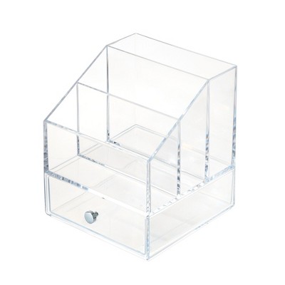 Clarity Cosmetic Palette Organizer with Drawer for Vanity or Cabinet to Hold Makeup, Beauty Products, Hair Accessories - 3 Compartments - Clear
