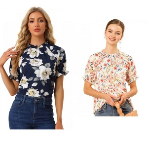 Allegra K Women's Short Sleeve Ruffled Floral Mock Neck Summer Top 2 Pcs - 1 of 4