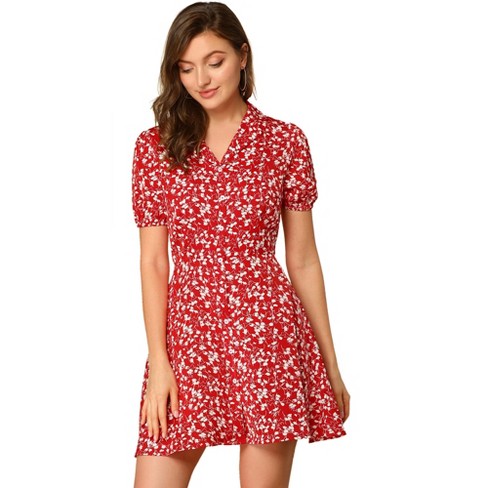 Allegra K Women's Button Up Short Sleeve A-Line Chiffon Vintage Floral  Shirt Dress Red Small