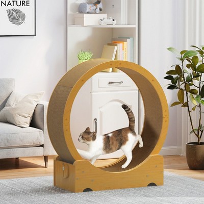 FURNIinspire Pet Tower Cat Exercise Wheel, Wooden Cat Treadmill Lock, Silent Caster, Cat Running Wheel for Indoor Kittens, Brown, 34"*14.4"*38"