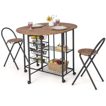 Costway 3 PCS Folding Dining Table & Chair Set Collapsible Drop Leaf Table for Kitchen
