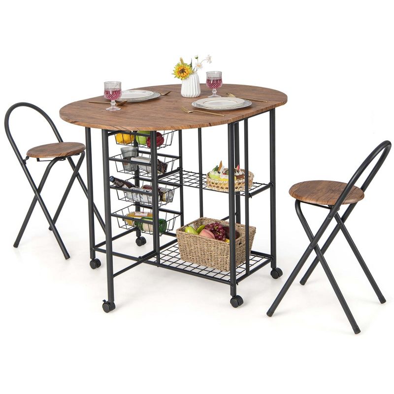 Costway 3 PCS Folding Dining Table & Chair Set Collapsible Drop Leaf Table for Kitchen, 1 of 11