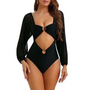 Elerevyo Women's Cut Out Ring Plunge Neck Shirred Long Sleeves Mesh Tummy Control Monokini Swimsuit 1 Pc - 1 of 4