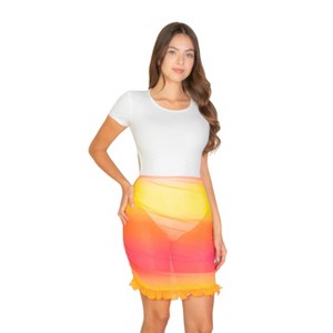 Slickblue Women's Mesh Mini Skirt, Ruched Bodycon Fit with Ruffle Trim, Party Style, Black/White/Yellow Multi, Size S-L - 1 of 4