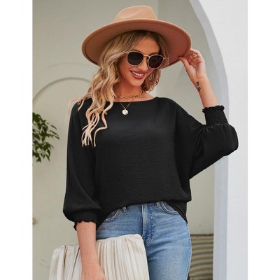 Womens Shirt Round Neck Puff Sleeve Tops 2025 Summer Loose Balloon Sleeve Work Office Blouse for Women