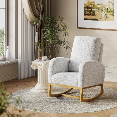 Modern Upholstered Rocking Chair, Oversized Glider Rocking Chair with High Backrest, Rubberwood Leg, Side Pockets, Accent Armchair
