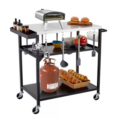 3-shelf Grill Cart With Wheels, Outdoor Metal Food Prep And Pizza Oven 