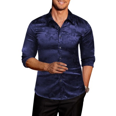 COOFANDY Men's Silk Satin Jacquard Long Sleeve Floral Button Up Shirts