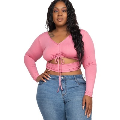 Slickblue Women's Plus Size Crop Top, Drawstring Ruched Cutout, Long Sleeve, Stretch Fit, Color and Size Option