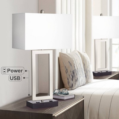 30" Tall Silver Brushed Nickel Rectangular Table Lamps Set with White Fabric Shades
