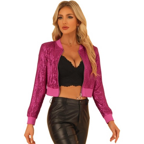 Allegra K Women's Sequin Sparkle Front Zipper Cropped Bomber Jacket Hot  Pink X-small : Target