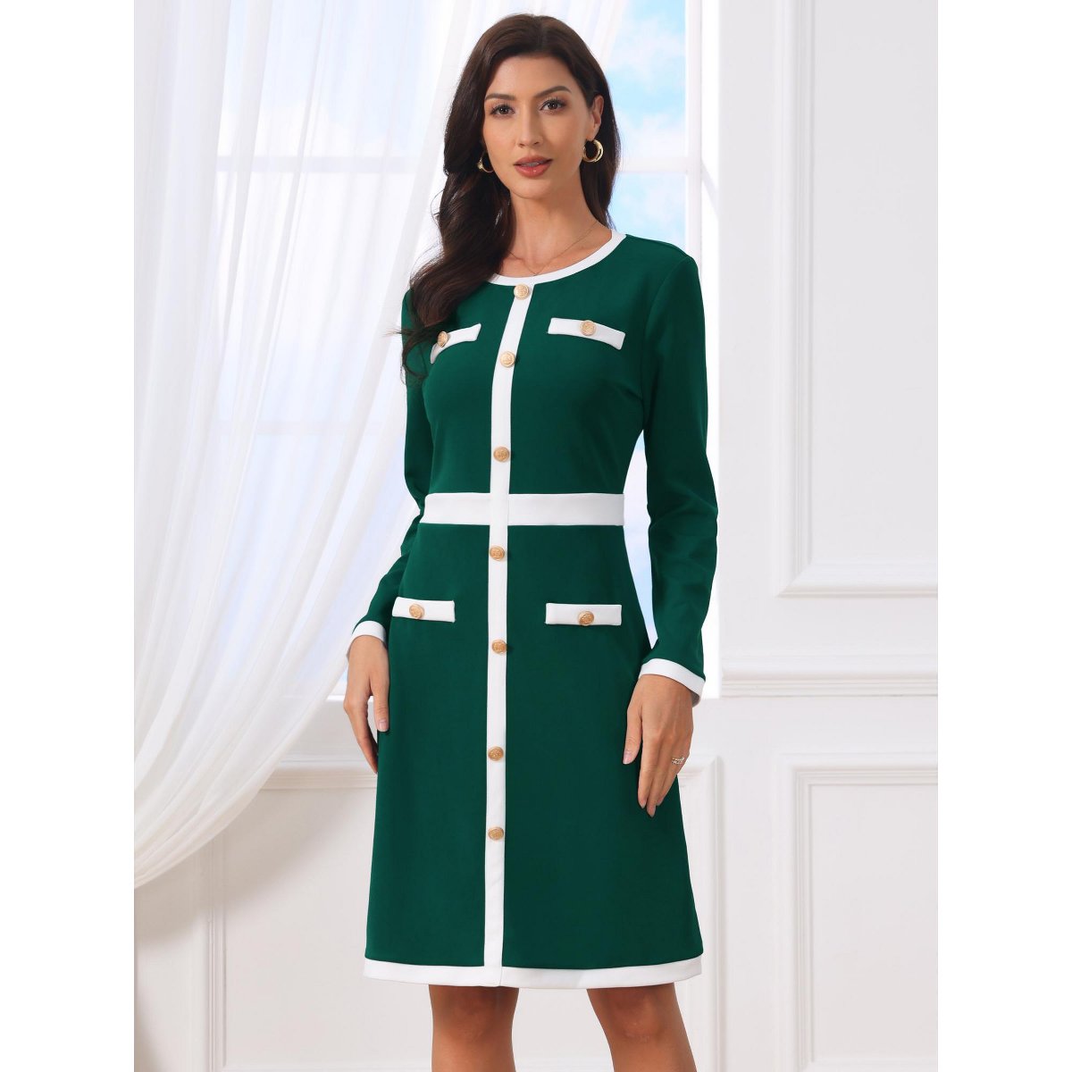 Женские платья INSPIRE CHIC Women's Work A-Line Long Sleeve Contrast Color Dresses Dark Green Medium — фото 3