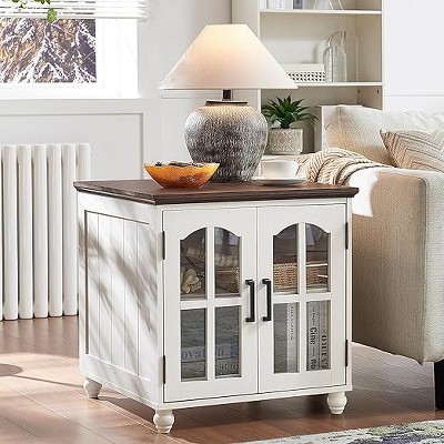 Gericco Farmhouse End Table with Charging Station, 18'' Narrow Side Table and 24" Large Sofa Table with Glass Barn Door Storage