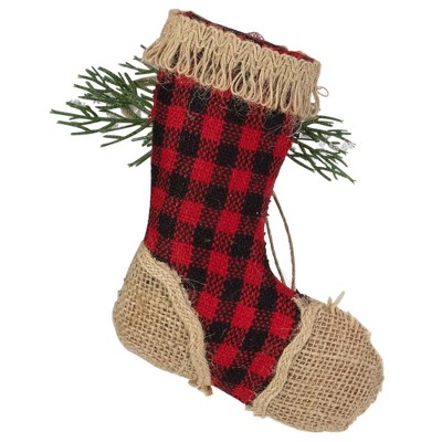 Rustic Red Plaid and Burlap Christmas Stocking Ornament Set