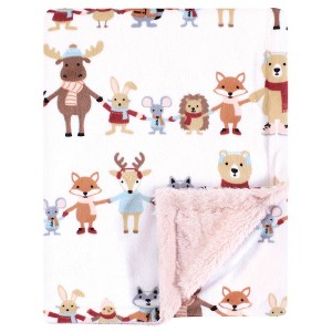 Hudson Baby Infant Girl Plush Blanket with Furry Binding and Back, Girl Winter Woodland Friends, One Size - 1 of 2