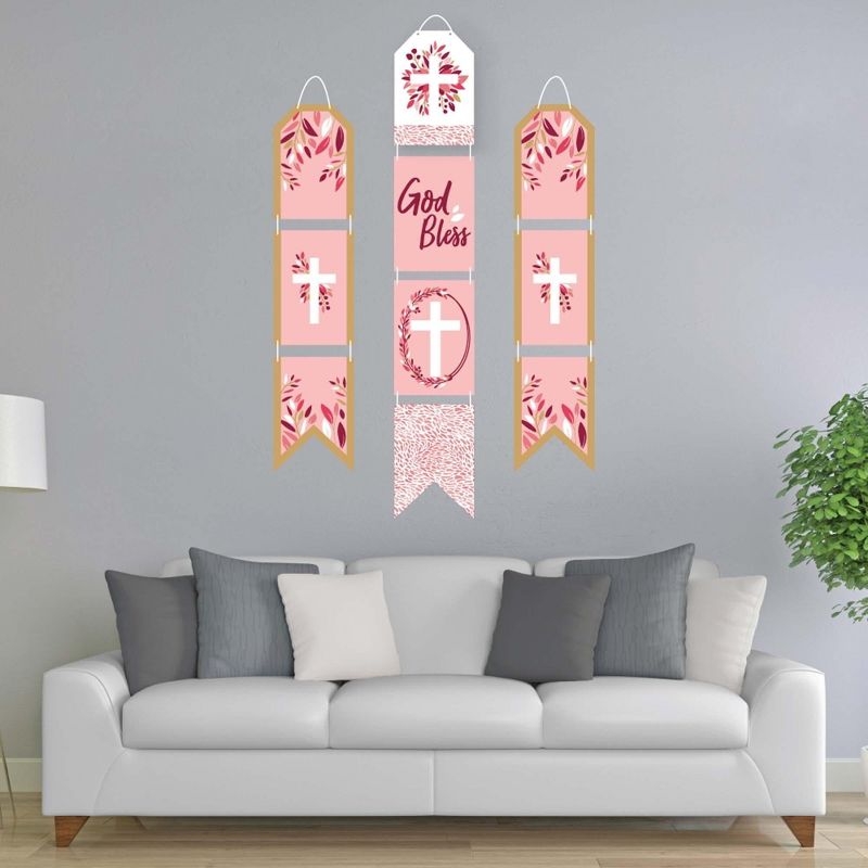 Big Dot of Happiness Pink Elegant Cross - Hanging Vertical Paper Door Banners - Girl Religious Party Wall Decoration Kit - Indoor Door Decor, 2 of 8