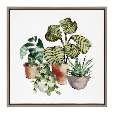Houseplants Watercolor Print on Canvas with Gray Frame