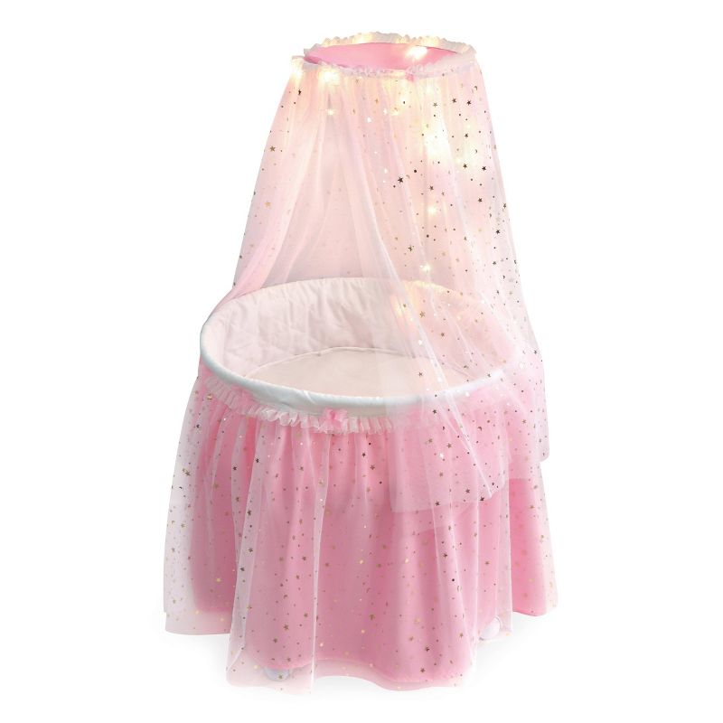Badger Basket Sweet Dreams Round Doll Bassinet with Canopy and LED Lights - Pink/White/Stars, 1 of 7