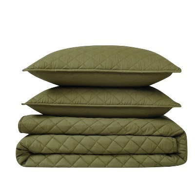 Olive Green Cotton Full Quilt Set with Shams