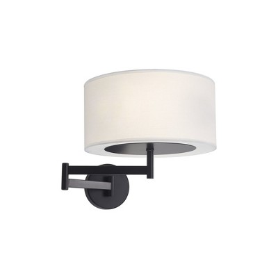 PAKOKULA Modern 2-Light Black Swing Arm Wall Lamp with white drum Fabric Shade