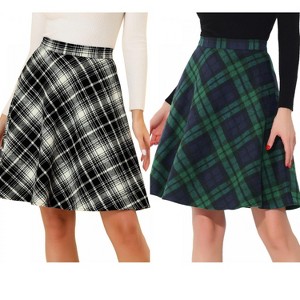 Allegra K Women's Christmas Plaid Vintage Tartan Elastic Waist Knee Length A-Line Skirt 2 Packs - 1 of 4