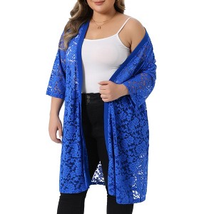 Women's Plus Size Lace Sheer Open Front 3/4 Sleeve Casual Long Cardigans - Agnes Orinda - 1 of 4