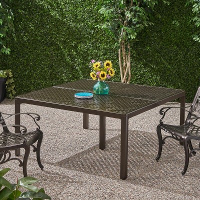 61'' Square Vintage Outdoor Patio Dining Table,Cast Aluminum Backyard Woven Tabletop Dining Table,Heavy Duty Outdoor Dining Table-Coolbibila