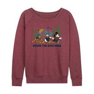 Women's - Disney - Mickey Donald Pluto Hiking The High Road Lightweight French Terry Wide Neck Long Sleeve Shirt - 1 of 4