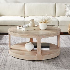 40" Rustic Round 2-Tier Wooden Coffee Table with Wheels, Curved Mid-Century Style Center Table for Living Room, Office, Apartment - 1 of 4