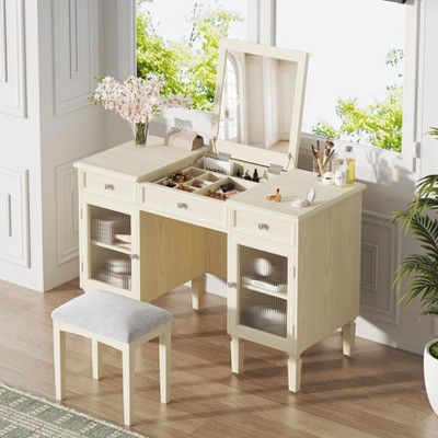 KWPZQEB Vanity Desk with Flip-Top Mirror and Drawer, Makeup Vanity Table with Cabinet, Dressing Table for Bedroom Dressing Room, White Oak