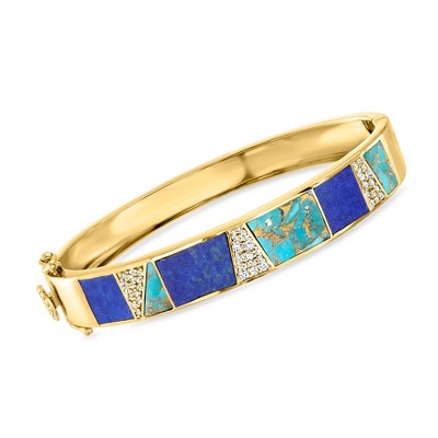 Ross-Simons Turquoise, Lapis and 1.00 ct. t.w. White Topaz Bracelet in 18kt Gold Over Sterling Size 8